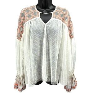 Free People PLS Sheer Swiss Dot‎ Embroidered Boho Tunic Top Oversized